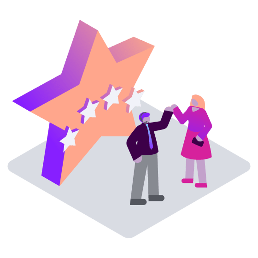 Illustration of a female customer and a male business owner fist-bumping in front of a giant star, with four smaller stars forming an arch in front of it.